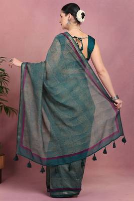 teal geometric print cotton blend ready to wear saree with pocket | pre draped party wear saree 4