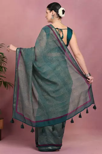 teal geometric print cotton blend ready to wear saree with pocket | pre draped party wear saree