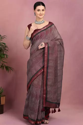 geometric print cotton blend ready to wear saree with pocket | pre draped party wear saree