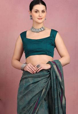 teal geometric print cotton blend ready to wear saree with pocket | pre draped party wear saree 5