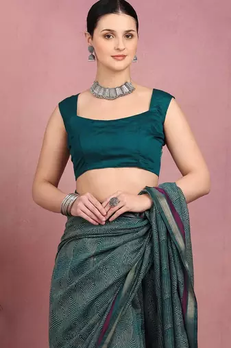 teal geometric print cotton blend ready to wear saree with pocket | pre draped party wear saree