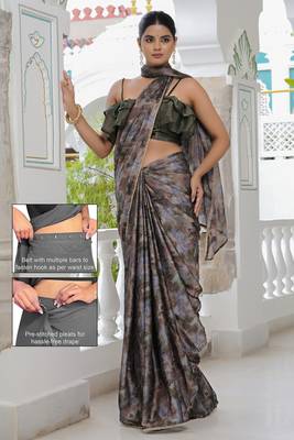 taupe geometric print chiffon ready to wear saree | pre draped party wear saree 1
