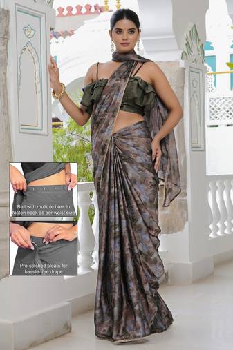 taupe geometric print chiffon ready to wear saree | pre draped party wear saree
