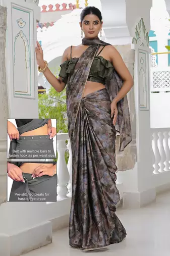 taupe geometric print chiffon ready to wear saree | pre draped party wear saree