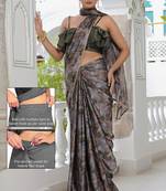 taupe geometric print chiffon ready to wear saree | pre draped party wear saree