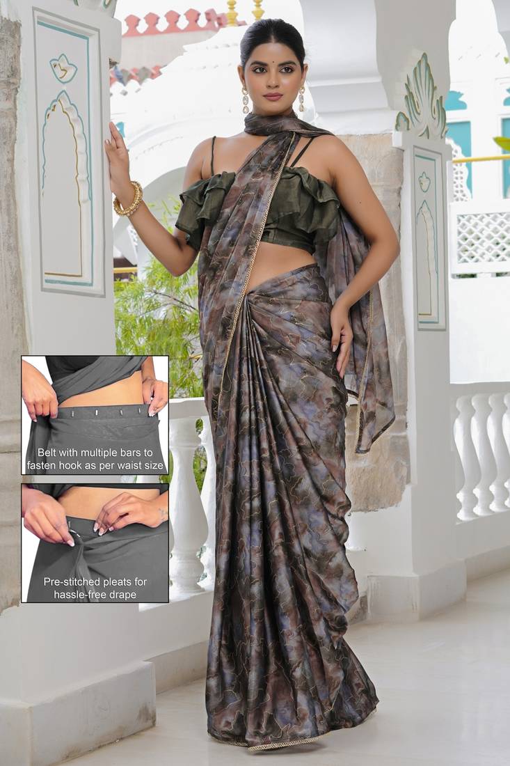 taupe geometric print chiffon ready to wear saree | pre draped party wear saree