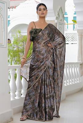 taupe geometric print chiffon ready to wear saree | pre draped party wear saree 2