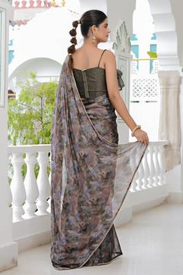 taupe geometric print chiffon ready to wear saree | pre draped party wear saree 4