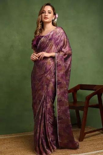 wine geometric print chiffon ready to wear saree | pre draped party wear saree