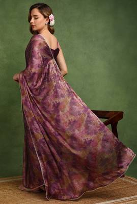 wine geometric print chiffon ready to wear saree | pre draped party wear saree 3