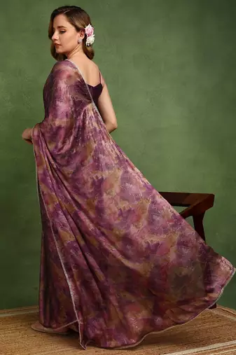 wine geometric print chiffon ready to wear saree | pre draped party wear saree