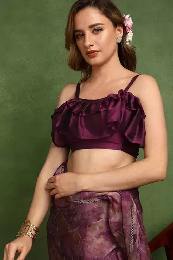 wine geometric print chiffon ready to wear saree | pre draped party wear saree