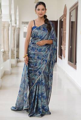 blue geometric print chiffon ready to wear saree | pre draped party wear saree 1