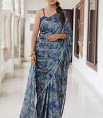 blue geometric print chiffon ready to wear saree | pre draped party wear saree