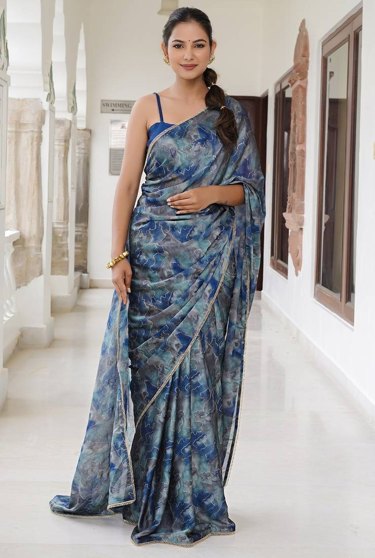 blue geometric print chiffon ready to wear saree | pre draped party wear saree