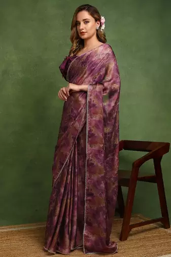 wine geometric print chiffon ready to wear saree | pre draped party wear saree