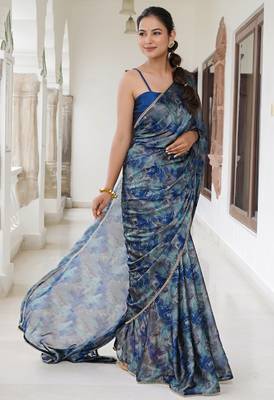 blue geometric print chiffon ready to wear saree | pre draped party wear saree 3