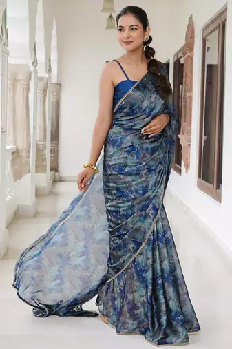 blue geometric print chiffon ready to wear saree | pre draped party wear saree