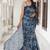 blue geometric print chiffon ready to wear saree | pre draped party wear saree