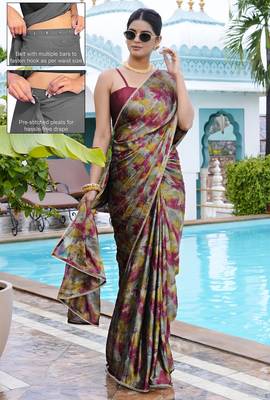 grey geometric print chiffon ready to wear saree | pre draped party wear saree 2