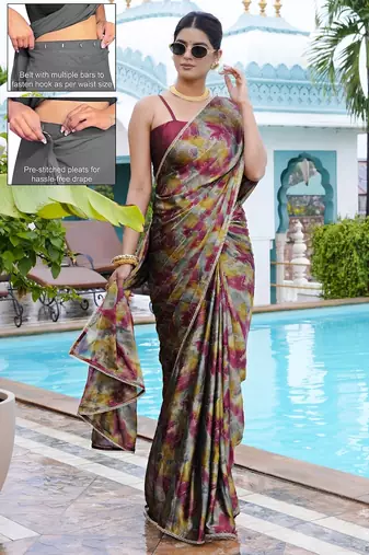 grey geometric print chiffon ready to wear saree | pre draped party wear saree