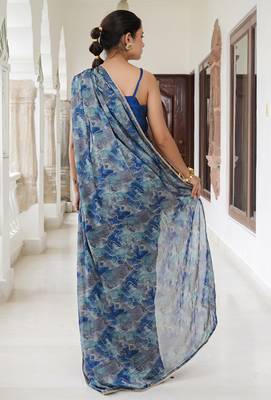 blue geometric print chiffon ready to wear saree | pre draped party wear saree 4