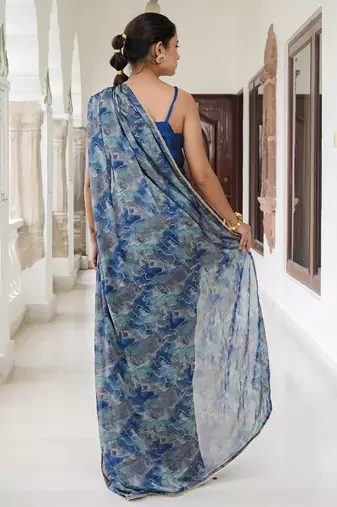 blue geometric print chiffon ready to wear saree | pre draped party wear saree