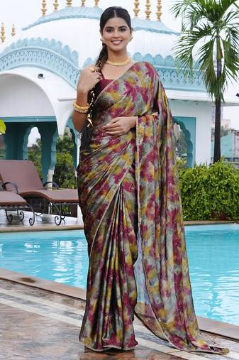 grey geometric print chiffon ready to wear saree | pre draped party wear saree