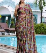 grey geometric print chiffon ready to wear saree | pre draped party wear saree