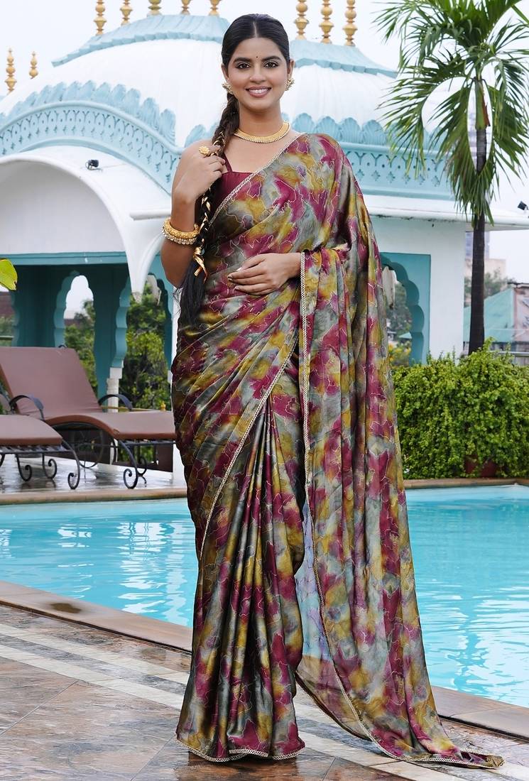 grey geometric print chiffon ready to wear saree | pre draped party wear saree
