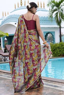 grey geometric print chiffon ready to wear saree | pre draped party wear saree 3