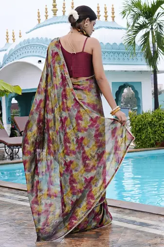 grey geometric print chiffon ready to wear saree | pre draped party wear saree