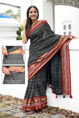 black geometric print cotton silk ready to wear saree | pre draped party wear saree 2