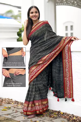 black geometric print cotton silk ready to wear saree | pre draped party wear saree