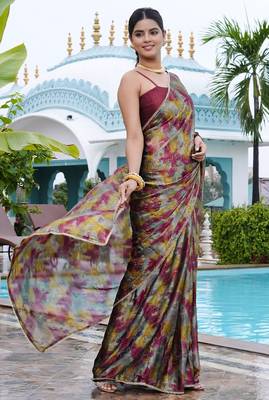 grey geometric print chiffon ready to wear saree | pre draped party wear saree 4