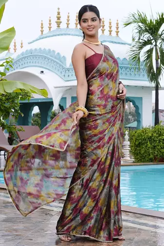 grey geometric print chiffon ready to wear saree | pre draped party wear saree