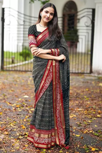 black geometric print cotton silk ready to wear saree | pre draped party wear saree