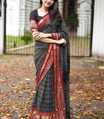 black geometric print cotton silk ready to wear saree | pre draped party wear saree