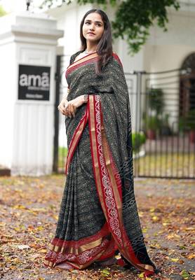 black geometric print cotton silk ready to wear saree | pre draped party wear saree 3