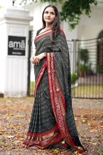 black geometric print cotton silk ready to wear saree | pre draped party wear saree