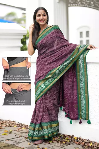 magenta geometric print cotton silk ready to wear saree | pre draped party wear saree
