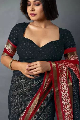 black geometric print cotton silk ready to wear saree | pre draped party wear saree