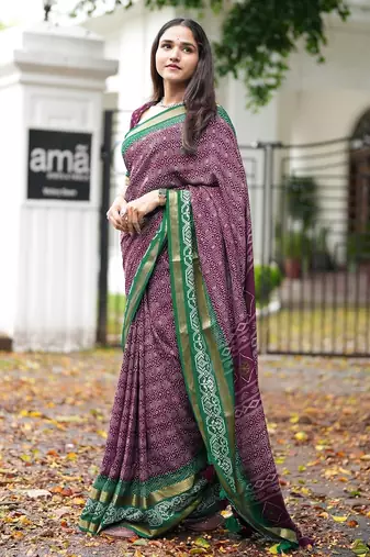 magenta geometric print cotton silk ready to wear saree | pre draped party wear saree