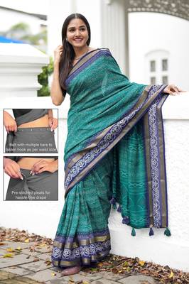teal geometric print cotton silk ready to wear saree | pre draped party wear saree 2