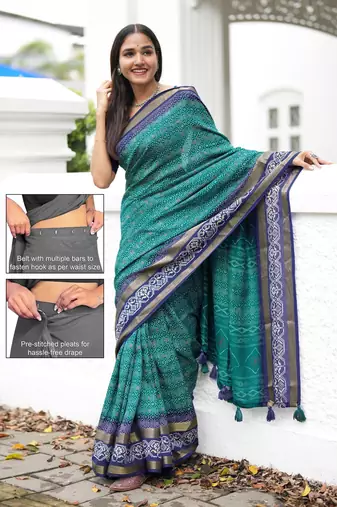 teal geometric print cotton silk ready to wear saree | pre draped party wear saree