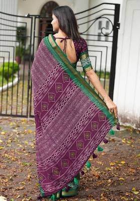 magenta geometric print cotton silk ready to wear saree | pre draped party wear saree 4