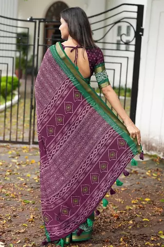 magenta geometric print cotton silk ready to wear saree | pre draped party wear saree