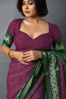 magenta geometric print cotton silk ready to wear saree | pre draped party wear saree 5
