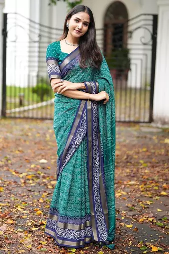 teal geometric print cotton silk ready to wear saree | pre draped party wear saree