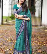 teal geometric print cotton silk ready to wear saree | pre draped party wear saree